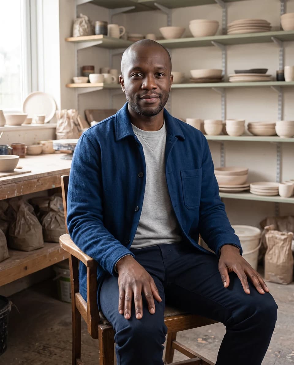 AI business portrait in a shop or creative workspace — example 1