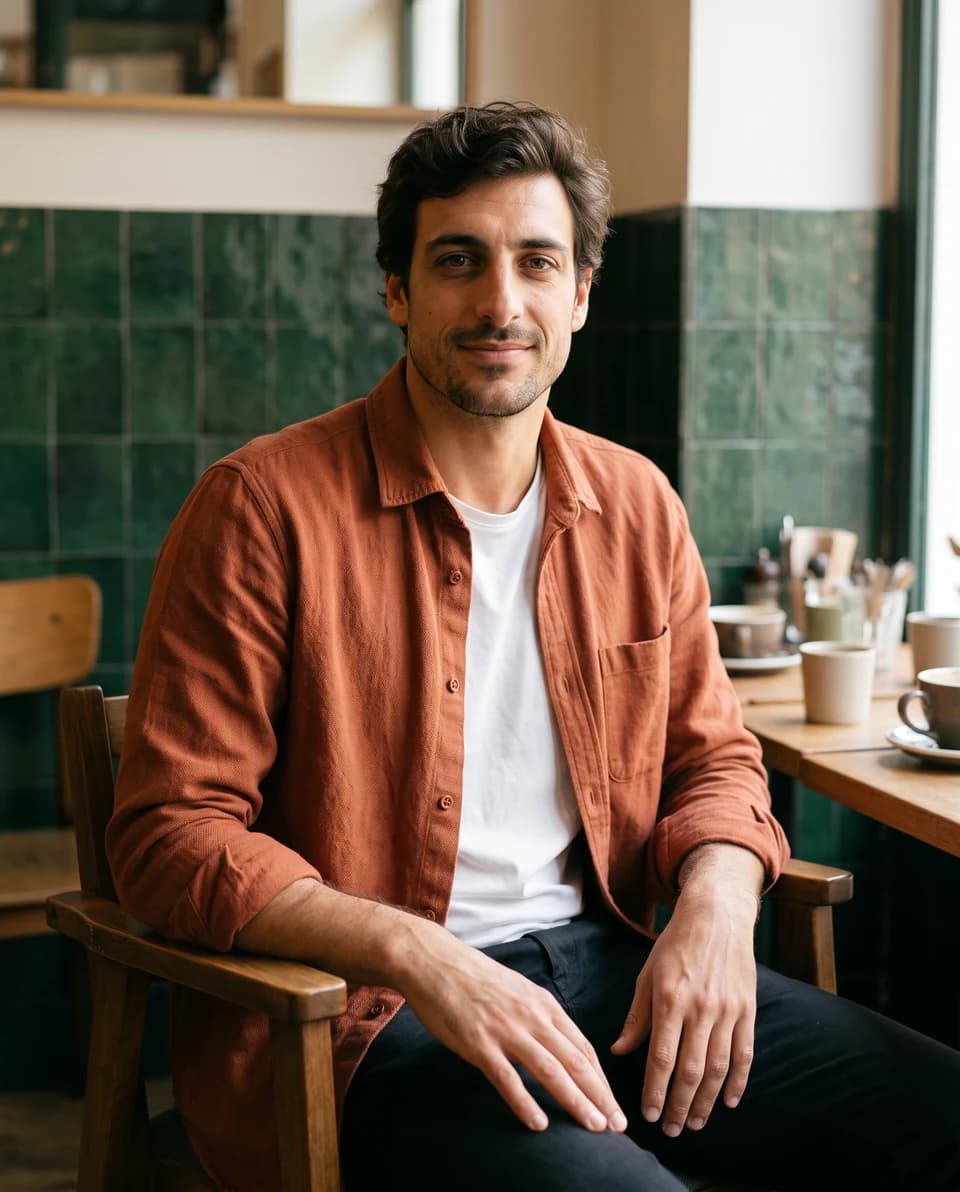 Relaxed AI portrait in a café or outdoor setting — example 1