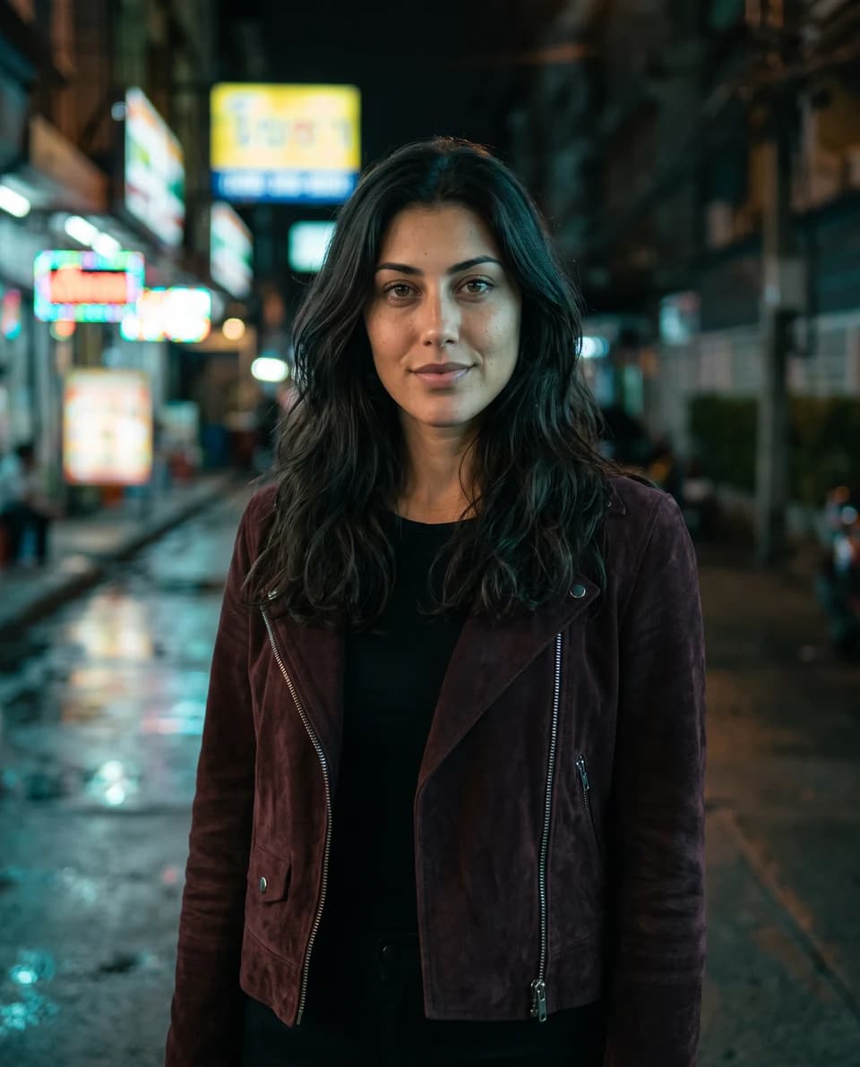 AI portrait against a city street at night — the same woman