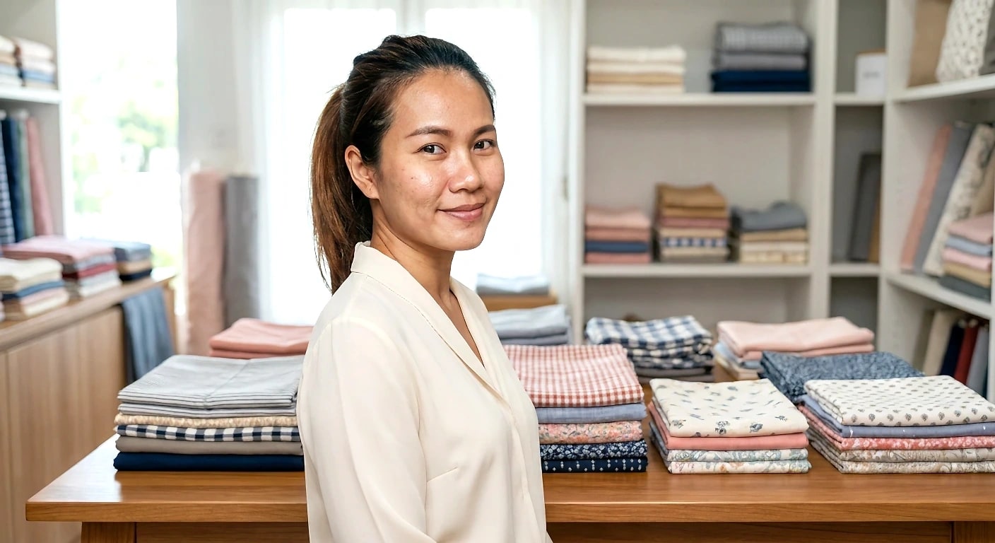 Textile shop owner portrait example
