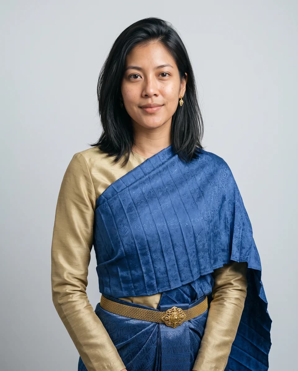 Contemporary Thai dress portrait against a clean studio backdrop